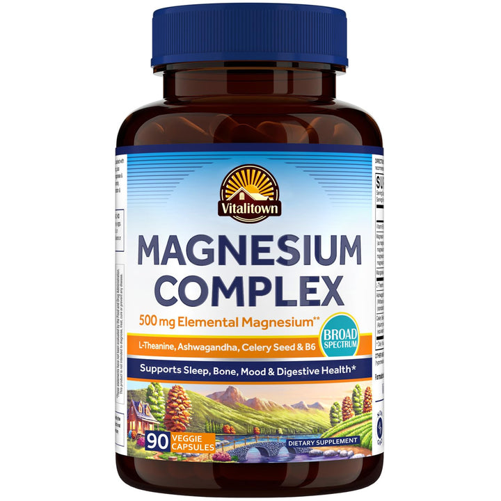 Vitalitown Magnesium Complex bottle front for daily wellness and energy support.