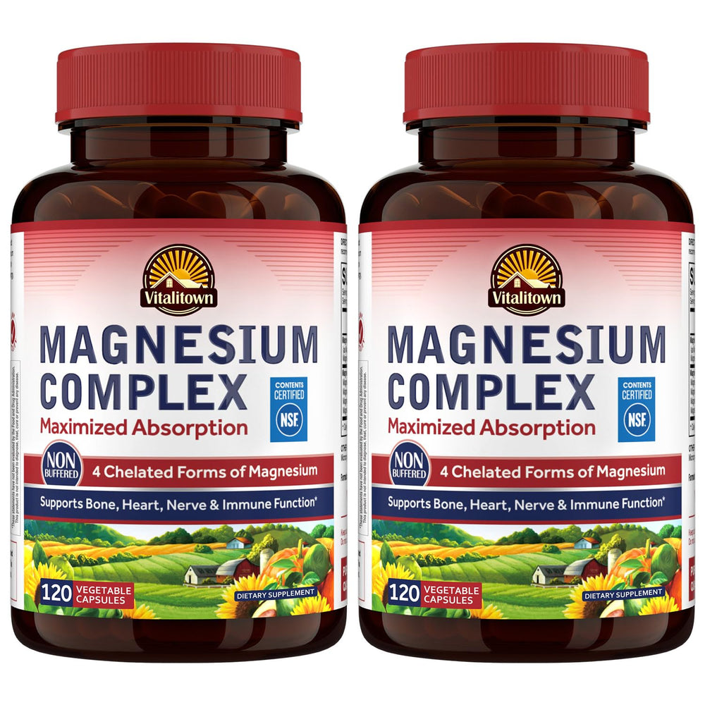 Vitalitown Magnesium Complex bottle highlighting four chelated forms for absorption.