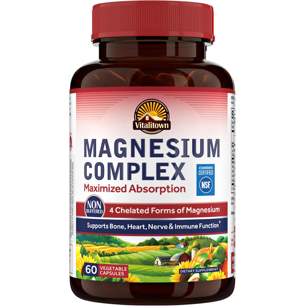 Vitalitown Magnesium Complex bottle showing 60 capsules for daily energy support