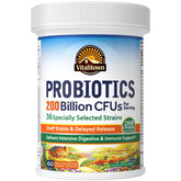 Vitalitown Probiotics 200 Billion CFUs bottle highlights high potency for gut balance.