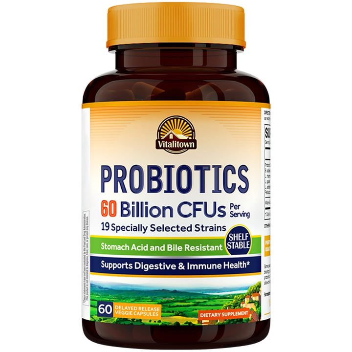 Vitalitown Probiotics bottle front, shelf-stable and convenient for daily use.