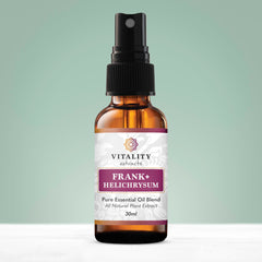 Vitality Frankincense and Helichrysum spray bottle label highlights clean vegan ingredients