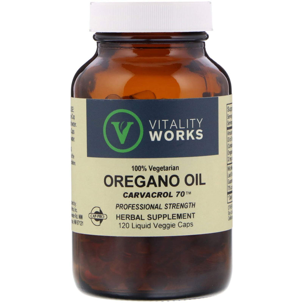 Vitality Works vegan oregano oil bottle with Cap-Pro seal for freshness and convenience