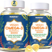 VitalityPeak vegan Omega-3 Gummies bottle showcasing algae-based DHA and EPA benefits