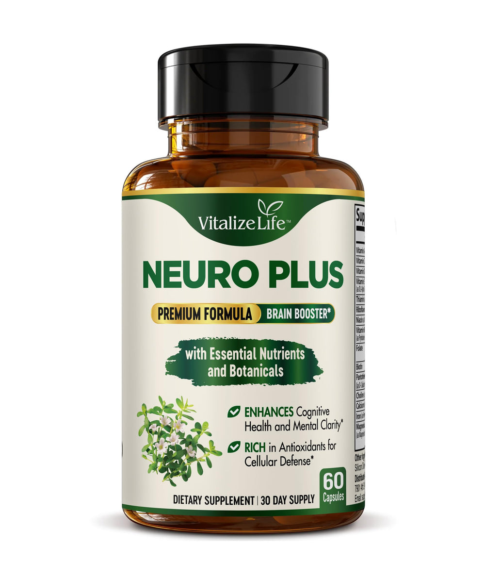 Vitalize Life Neuro Plus bottle front shows branding for daily focus and memory support.