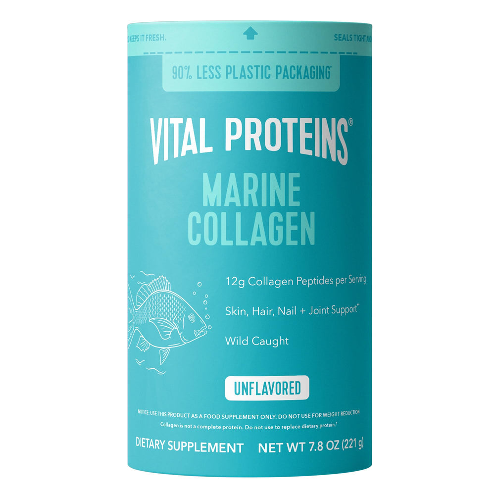 Vital Proteins Marine Collagen Peptides canister on counter signals daily wellness.