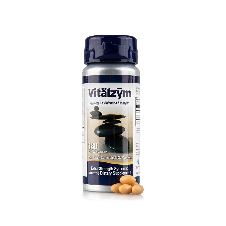 Vitalzym Serrapeptase bottle pouring capsules for fast absorption.