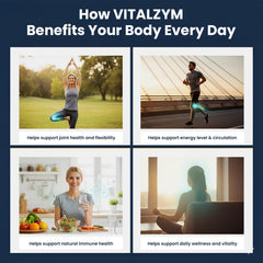 Vitalzym capsules shown for joint support in daily use.