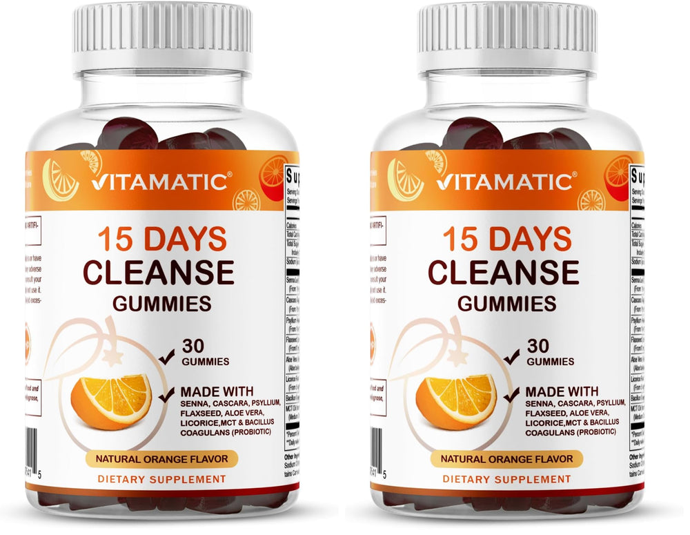 Vitamatic 15 Day Cleanse Gummies bottle closeup showing the product for digestive support.