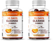 Vitamatic 15 Day Cleanse Gummies bottle closeup showing the product for digestive support.