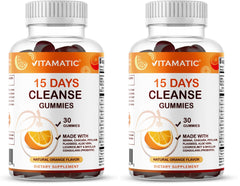 Vitamatic 15 Day Cleanse Gummies bottle closeup showing the product for digestive support.