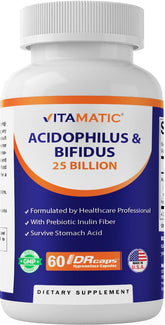 Vitamatic Acidophilus Bifidus bottle label showing 60 capsules for daily support