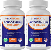 Vitamatic acidophilus bottle front showing daily probiotic dosage for digestive balance.