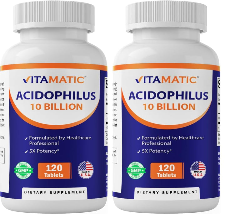 Vitamatic Acidophilus probiotic bottle front showing 10B CFU potency for daily balance
