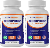 Vitamatic Acidophilus probiotic bottle front showing 10B CFU potency for daily balance