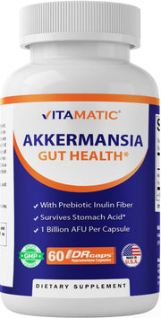 Vitamatic Akkermansia Muciniphila capsules in a 60-count bottle for daily gut health.