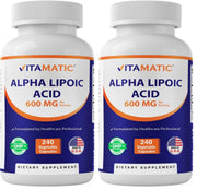 Vitamatic Alpha Lipoic Acid capsules bottle with high-potency antioxidant support.