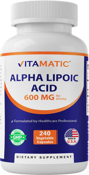Vitamatic Alpha Lipoic Acid 600mg bottle front, antioxidant support for daily wellness.