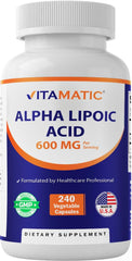 Vitamatic Alpha Lipoic Acid 600mg bottle front, antioxidant support for daily wellness.