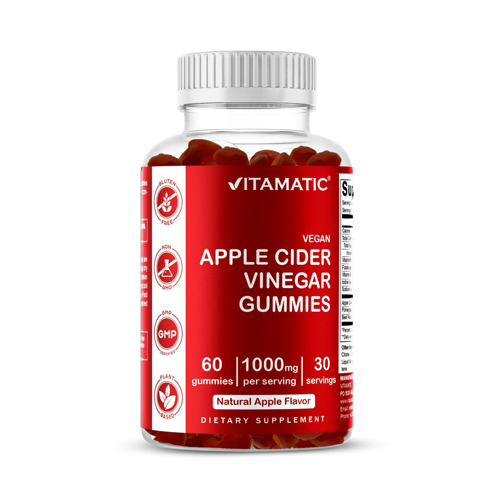 Vitamatic Apple Cider Vinegar Gummies packaging front shows vegan formula.