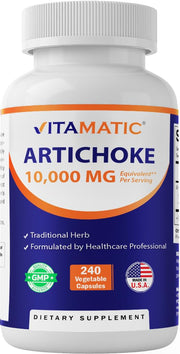 Vitamatic Artichoke Extract bottle front with high potency capsules for daily use.