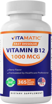 Vitamatic B12 fast dissolve berry bottle for easy daily energy support