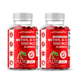 Vitamatic B12 gummies front bottle showing cherry flavor for daily energy support.