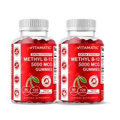 Vitamatic B12 gummies front bottle showing cherry flavor for daily energy support.