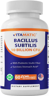 Vitamatic Bacillus Subtilis bottle front with capsules for daily digestive support