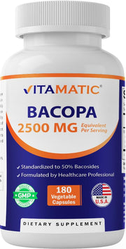Vitamatic Bacopa bottle front displays 50% bacosides for daily wellness