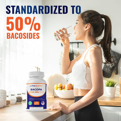 Label closeup highlighting non-GMO and gluten-free ingredients on Vitamatic Bacopa