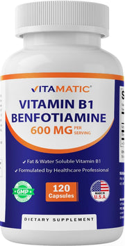 Vitamatic Benfotiamine 300mg bottle pour for a simple daily supplementation routine.