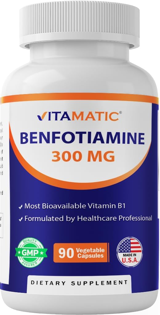Vitamatic Benfotiamine bottle front shows high-potency 300 mg formula for daily support.