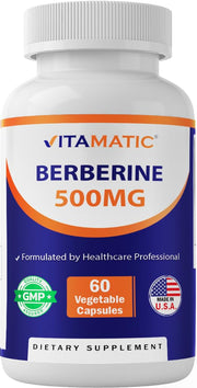 Vitamatic Berberina 500 mg, botella de cápsulas para uso diario.