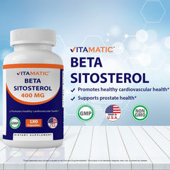 Vitamatic Beta SItosterol 400 mg bottle back label highlights non-GMO and gluten-free.
