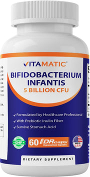 Vitamatic bifidobacterium infantis bottle front demonstrates digestive support.