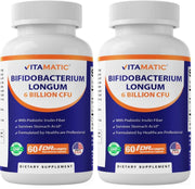 Vitamatic Bifidobacterium Longum bottle label highlights gut health support.