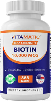 Vitamatic Biotin 10,000 mcg bottle front label highlighting vegan tablets.