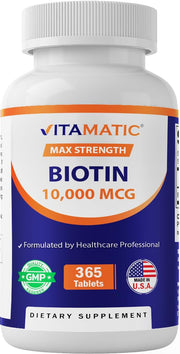 Vitamatic Biotin 10,000 mcg bottle front label highlighting vegan tablets.