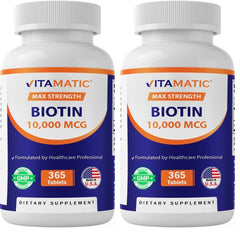 Vitamatic Biotin 10000mcg bottle for daily hair and nail support