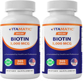 Vitamatic Biotin 5000mcg bottle front for stronger hair, skin and nails.