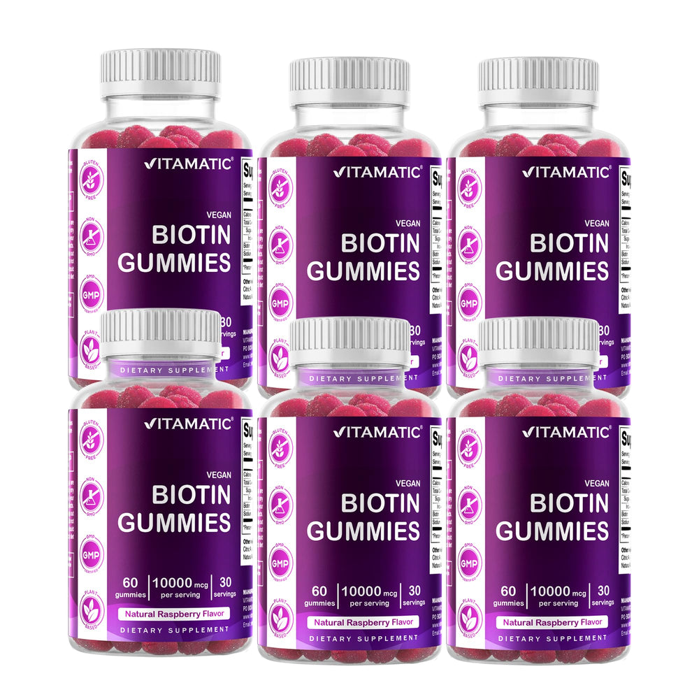 Vitamatic Biotin Gummies with raspberry flavor promote healthy hair, skin, and nails.