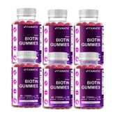 Vitamatic Biotin Gummies with raspberry flavor promote healthy hair, skin, and nails.