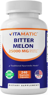 Vitamatic Bitter Melon bottle front highlighting 25X potency and vegetarian capsules.