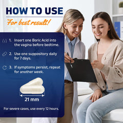 Vitamatic Boric Acid Vaginal Suppositories box back detailing ingredients and usage notes.