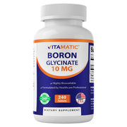 Vitamatic Boro glicinato 10 mg, frasco frontal, posible apoyo a salud ósea