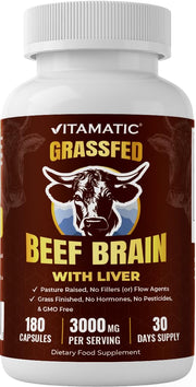 Vitamatic bottle full of grass-fed beef brain with liver capsules for daily support.