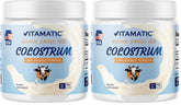 Vitamatic Bovine Colostrum IgG 30% powder in a jar for daily gut support.