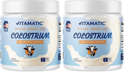 Vitamatic Bovine Colostrum IgG 30% powder in a jar for daily gut support.