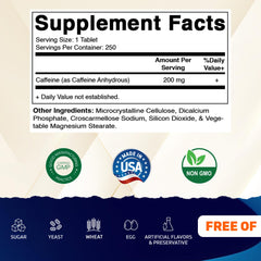 Vitamatic caffeine pills label close-up emphasizing 200 mg caffeine per tablet